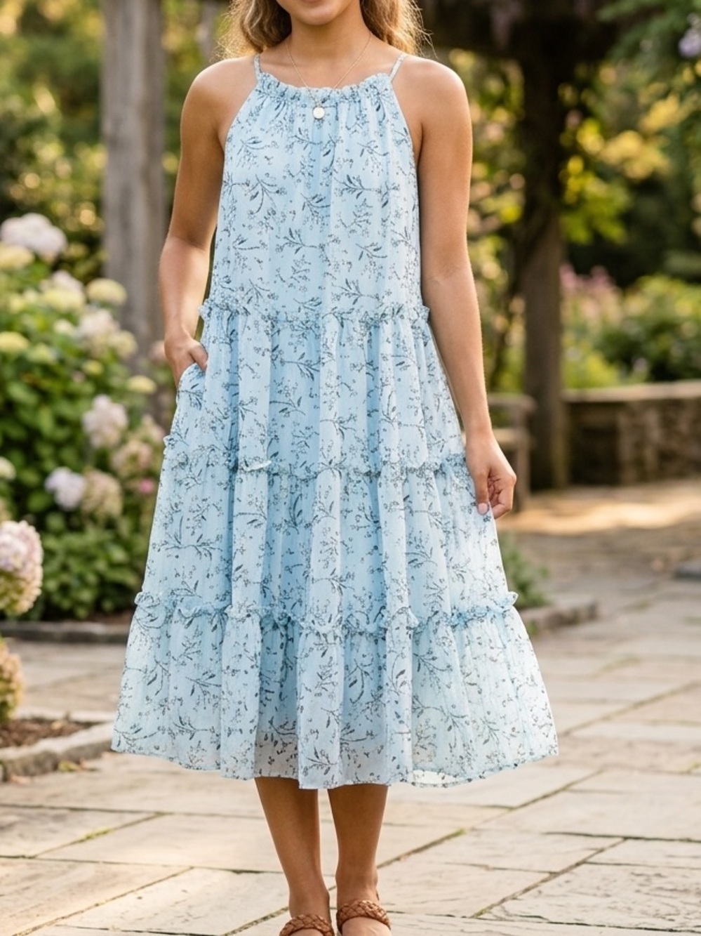 She Sky Light Blue Floral Halter Tiered Ruffle Chiffon Mini Dress🧡